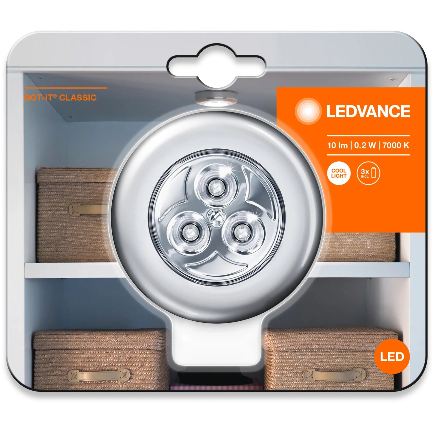 LEDVance Dot-it Classic Unterbauleuchte, dimmbar, silberfarben, mit 3 LEDs und Batterien.