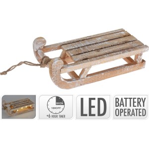 Holz Deko Schlitten mit warmweißen LEDs, batteriebetrieben und mit Timerfunktion für Weihnachtsdekoration.