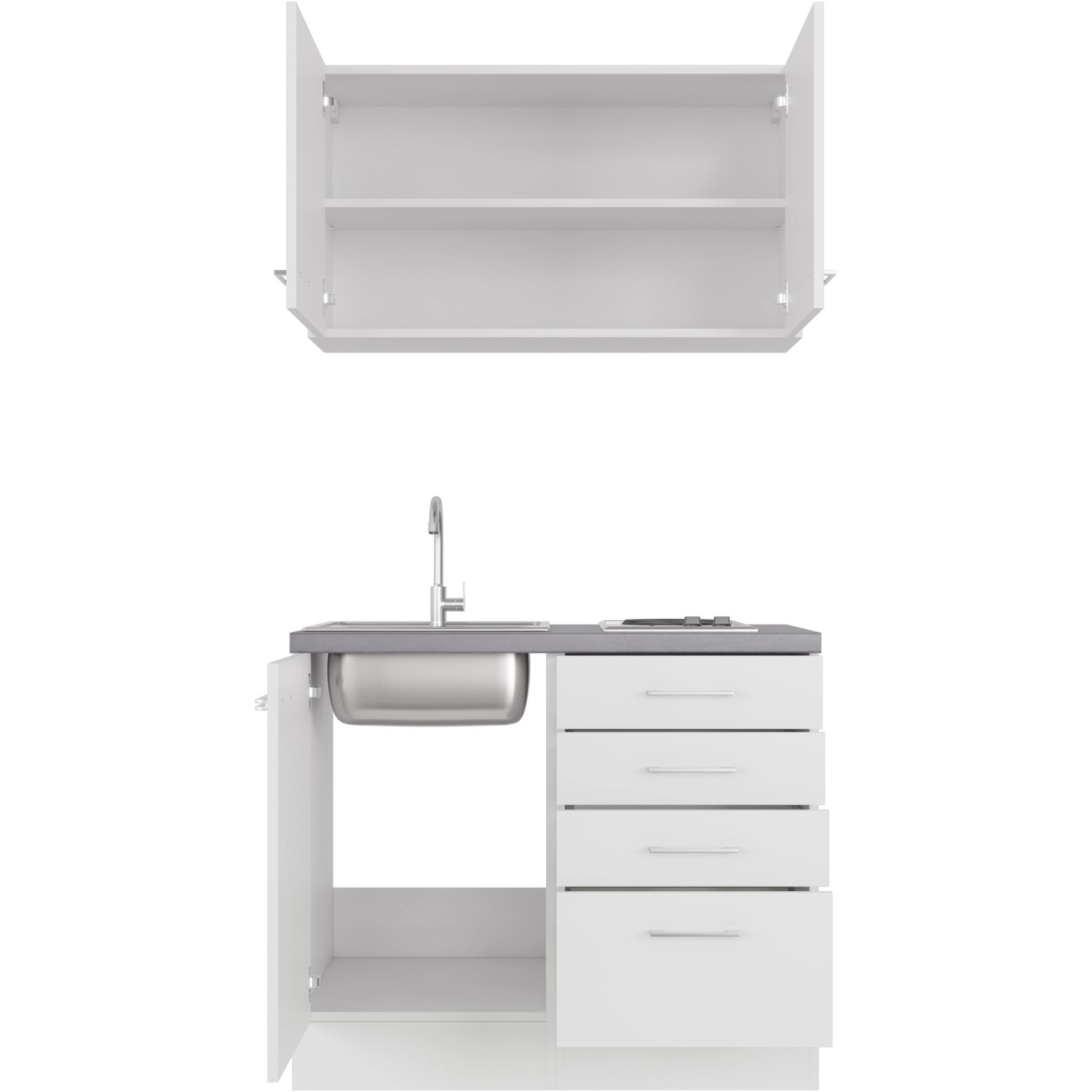 Flex-Well Miniküche Joelina, 100 cm, weiß matt/Beton Grau, mit Spüle, Kochfeld und Ober-/Unterschränken.