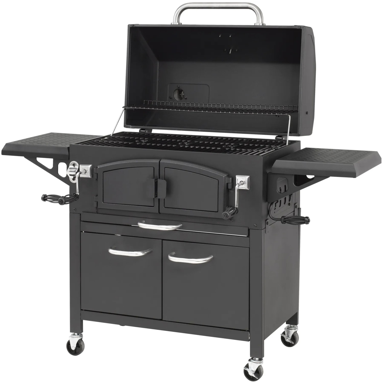 Schwarzer El Fuego Holzkohlegrill Grand Ontario mit Ablagen, Thermometer und Unterschrank.