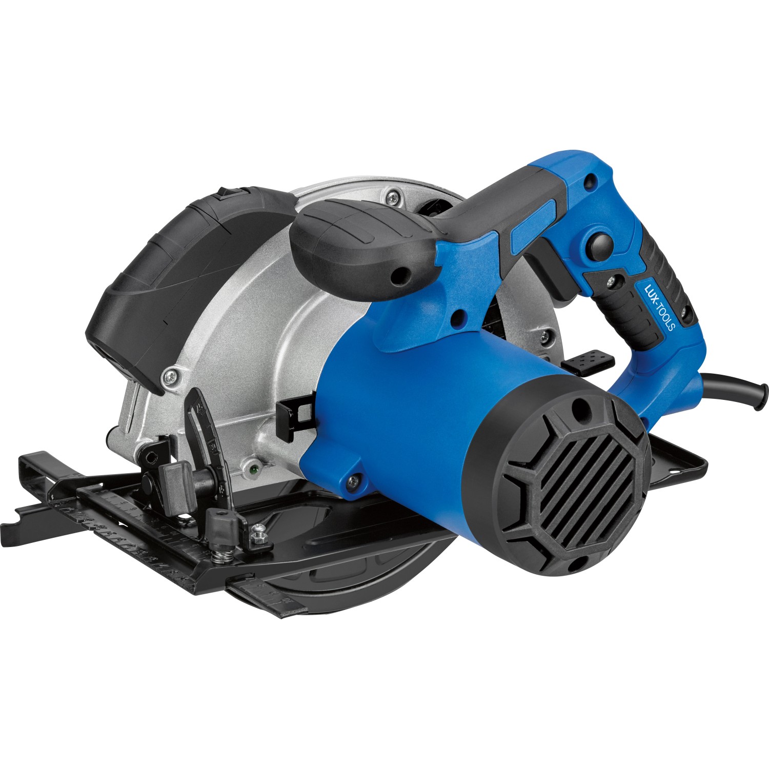 LUX Handkreissäge E-HKS-1400/185 in Blau und Silber, seitliche Ansicht. Handliche Elektro-Kreissäge.