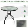 Outsunny Gartentisch, runder Tisch mit Glasplatte und Schirmloch, ideal für Balkon und Terrasse.