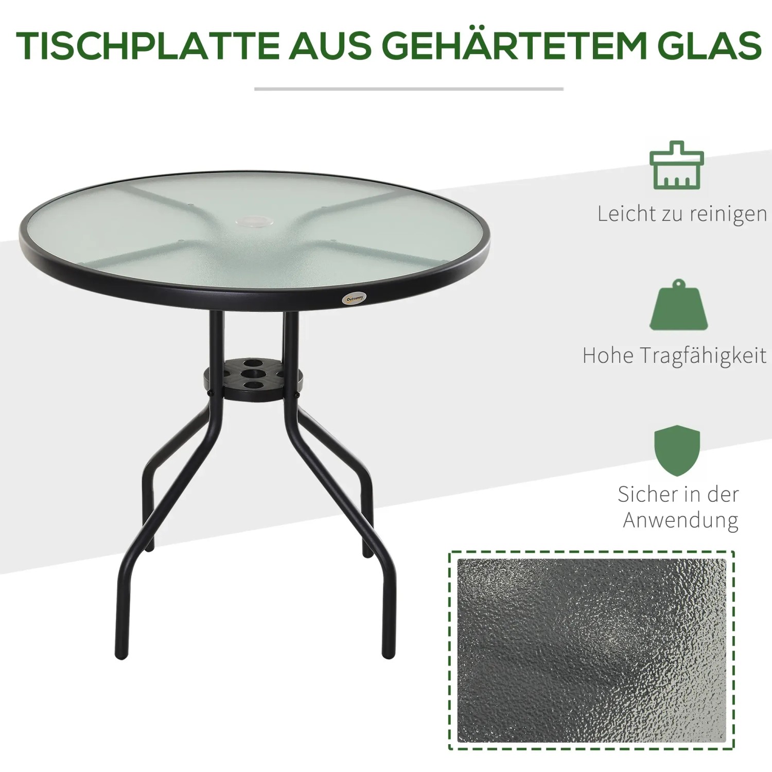 Outsunny Gartentisch, runder Tisch mit Glasplatte und Schirmloch, ideal für Balkon und Terrasse.