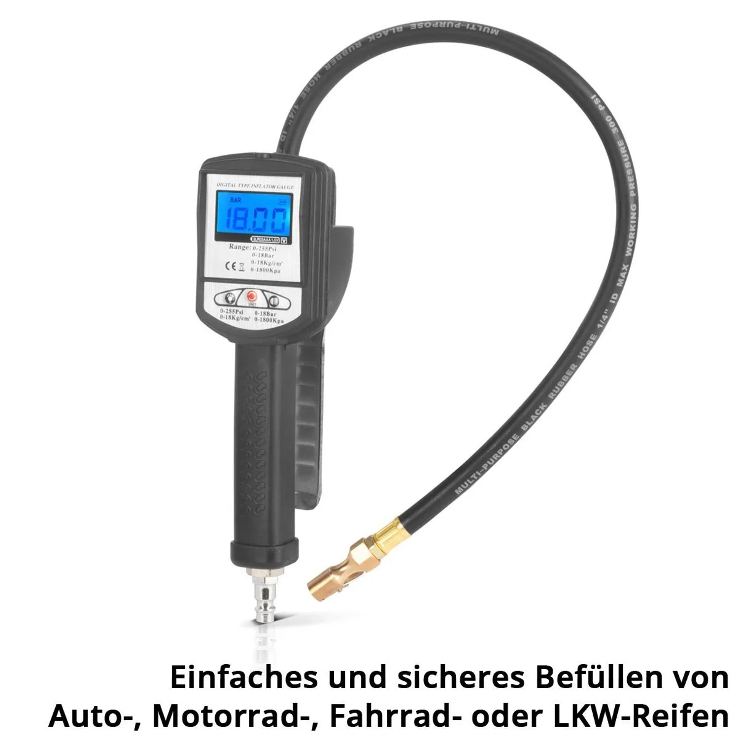 STAHLWERK digitale Reifenfüllpistole DRP-18 ST mit blau leuchtendem Display, schwarzem Schlauch und Messbereich 0-18 Bar.