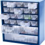 Blaues LUX Stahlmagazin mit 23 transparenten Schubladen zur Aufbewahrung von Kleinteilen.