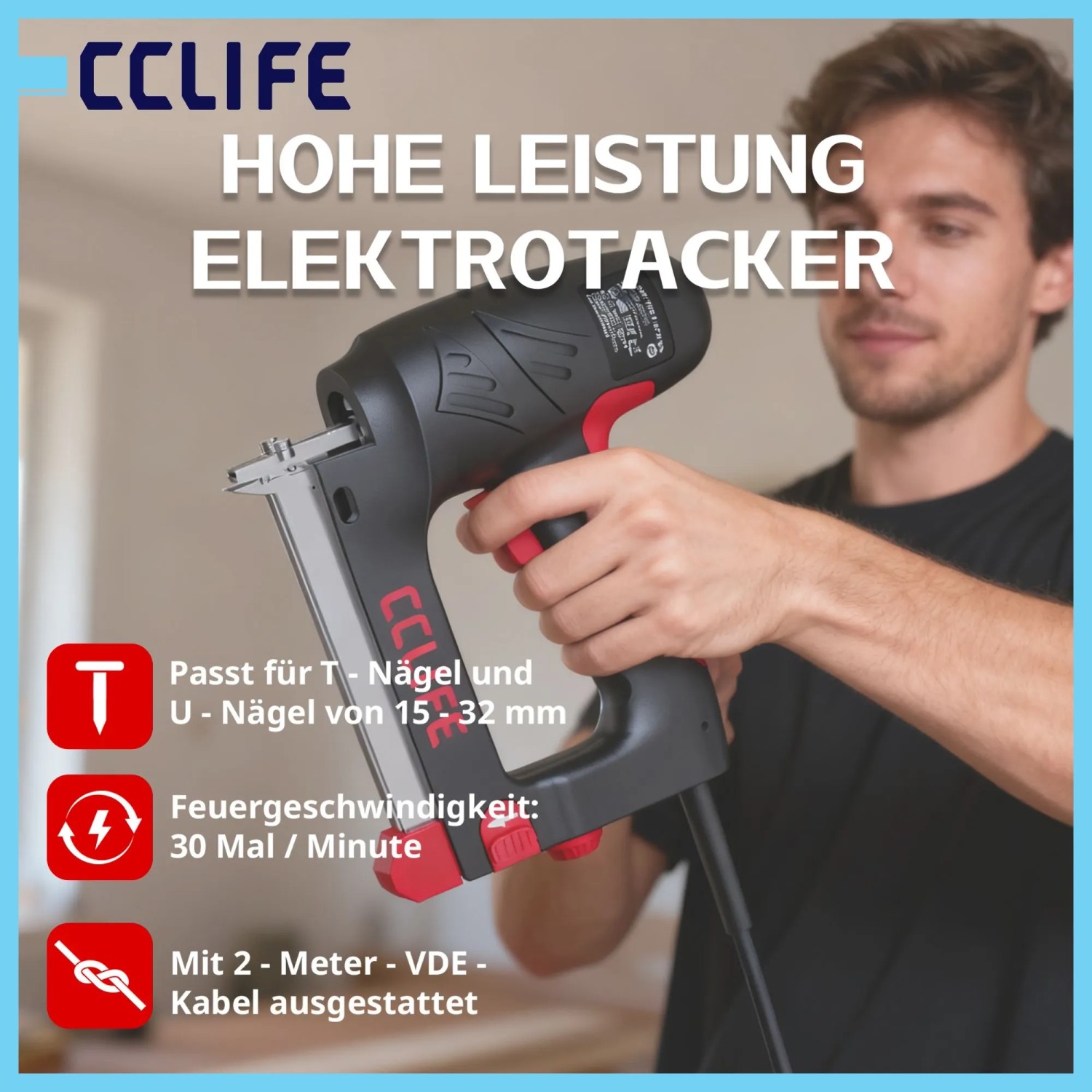 CCLIFE Elektrotacker 30 Schuss/Min. für T- und U-Nägel 15-32 mm mit Tiefenregler_2