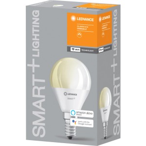 Ledvance Smart+ WiFi LED-Lampe, Tropfenform, E14, 5,5W, warmweiß, dimmbar im Karton.