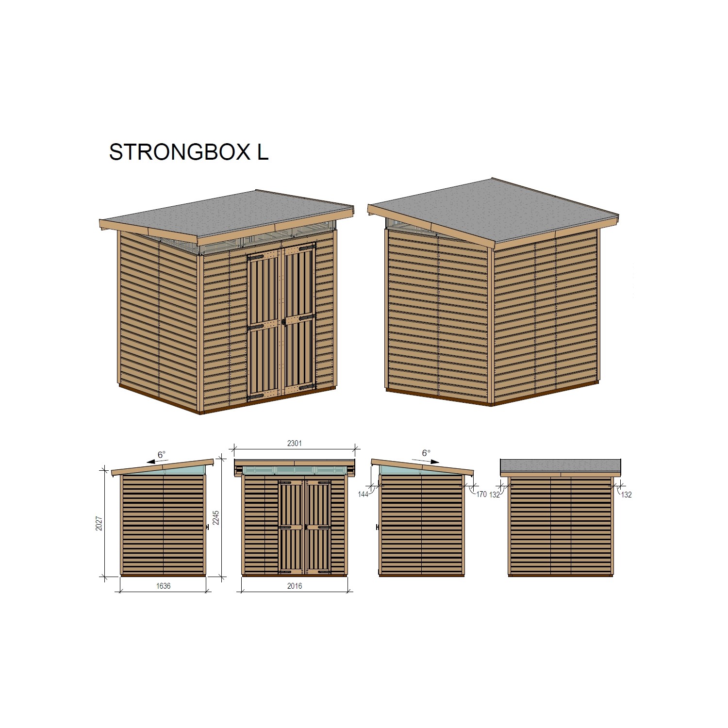 Illustration des Upyard Gartenhaus Strongbox L mit Fundament, Holzoptik, Doppeltür.