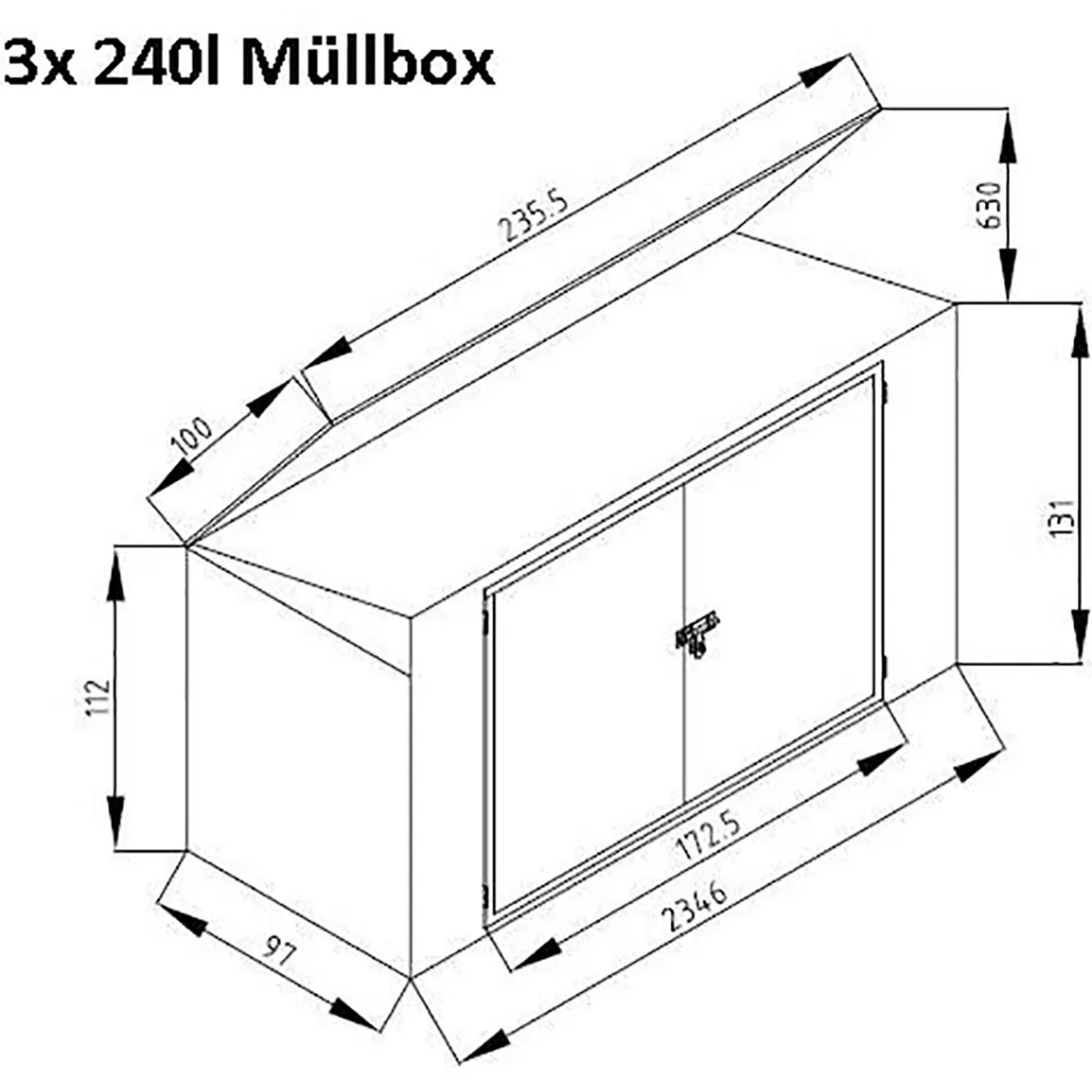 Technische Zeichnung: Graue Metall Mülltonnenbox für 3 Tonnen (je 240L), Maße 131x235x100cm.