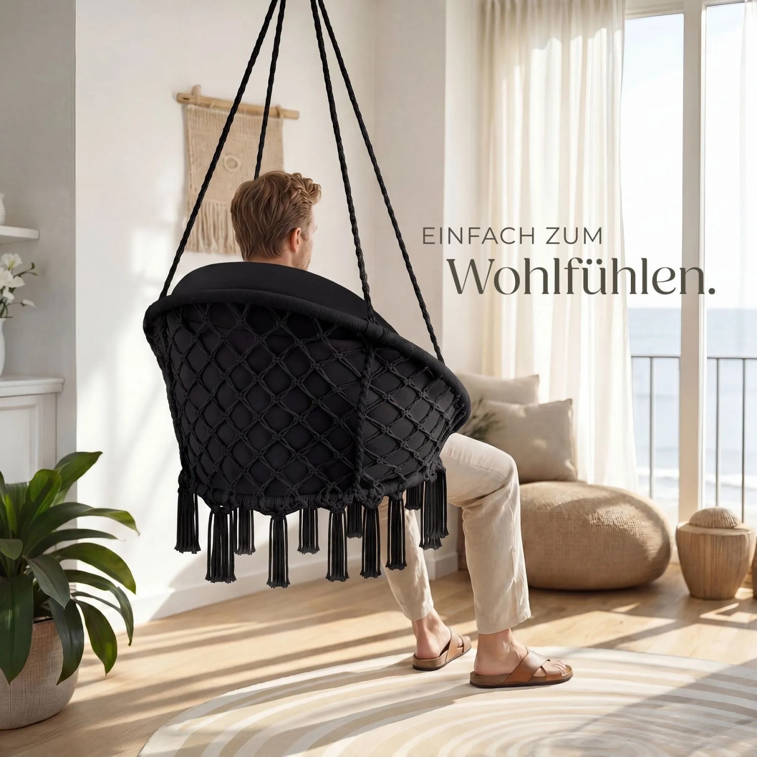 Tectake Hängesessel Samira Mit Dickem Sitzkissen Stabile Halteseile 81 x 80 x 139 cm Schwarz_8