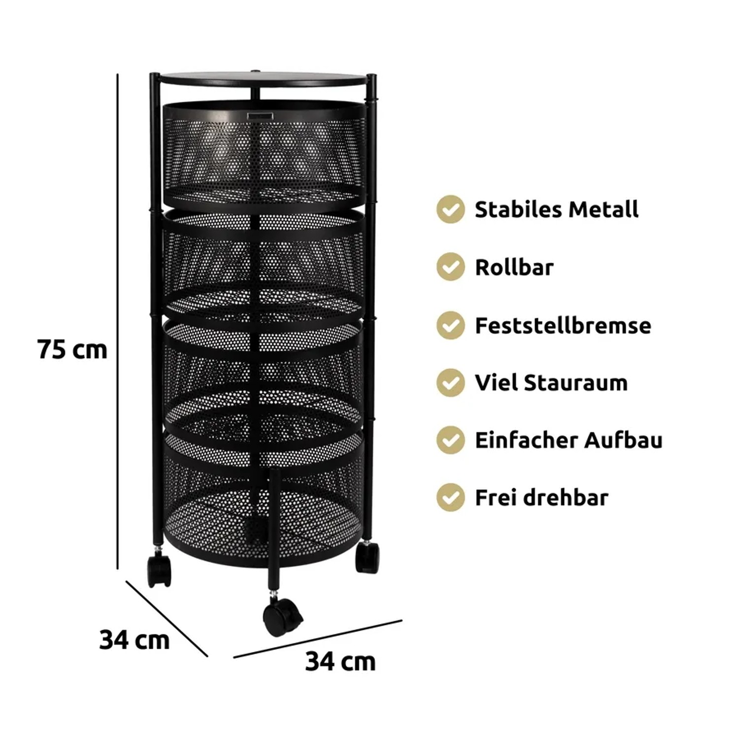 deluxe4home Rollwagen mit 4 Ebenen, schwenkbar, aus Metall, 30x30x78 cm, für Bad und Küche.