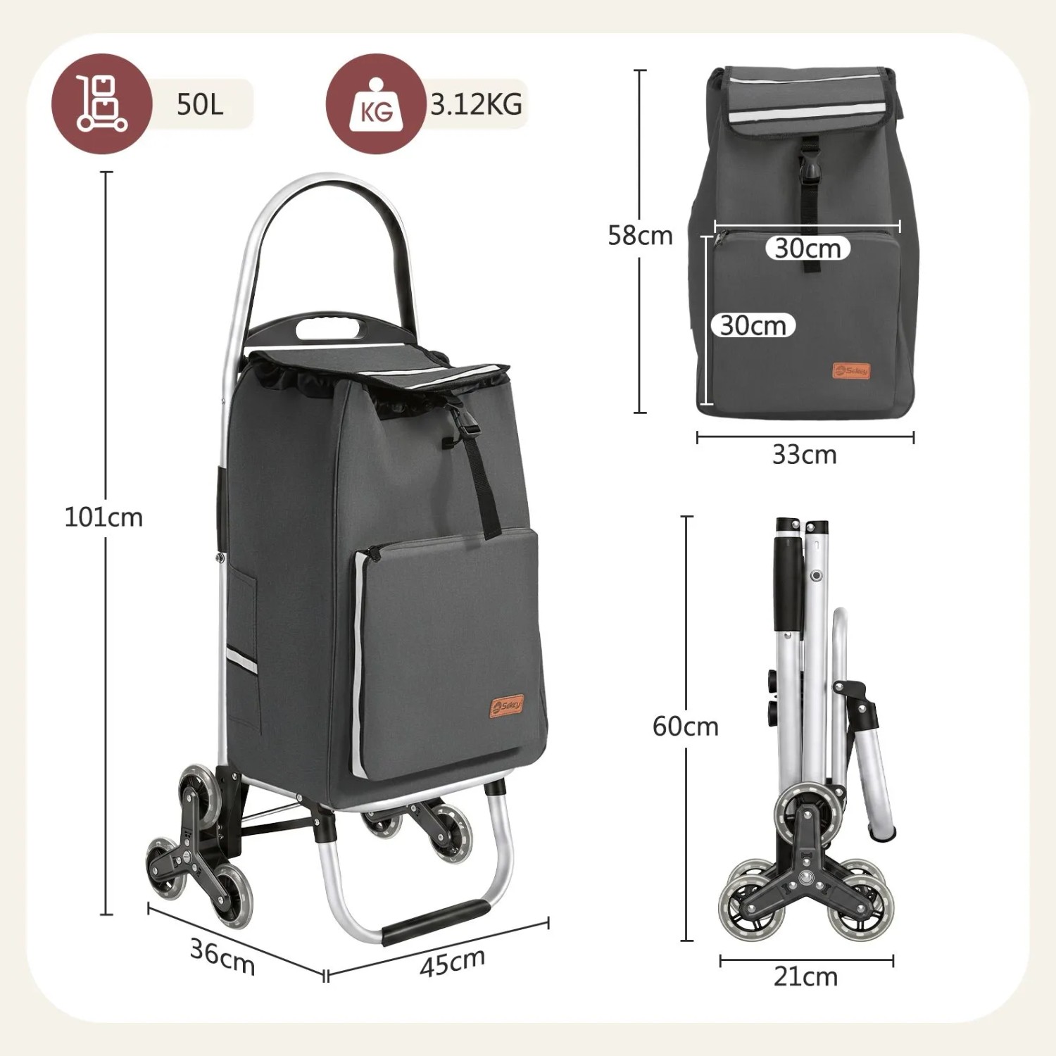 Sekey Einkaufstrolley, Treppensteiger, 50L, Kühlfach, Grau. Klappbarer Alu-Trolley für Einkäufe.