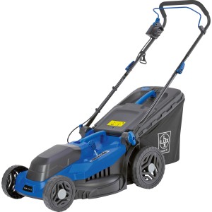 Blauer LUX-TOOLS Elektro-Rasenmäher E-RM-1800/43 mit Fangkorb.