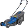 Blauer LUX-TOOLS Elektro-Rasenmäher E-RM-1800/43 mit Fangkorb.