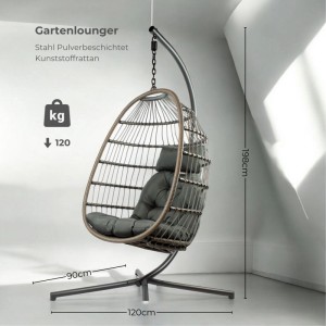 osoltus Hängesessel Pura: grauer Korb, dunkle Kissen, Stahlgestell, Hängezugfeder. 198 cm hoch, max. 120 kg.