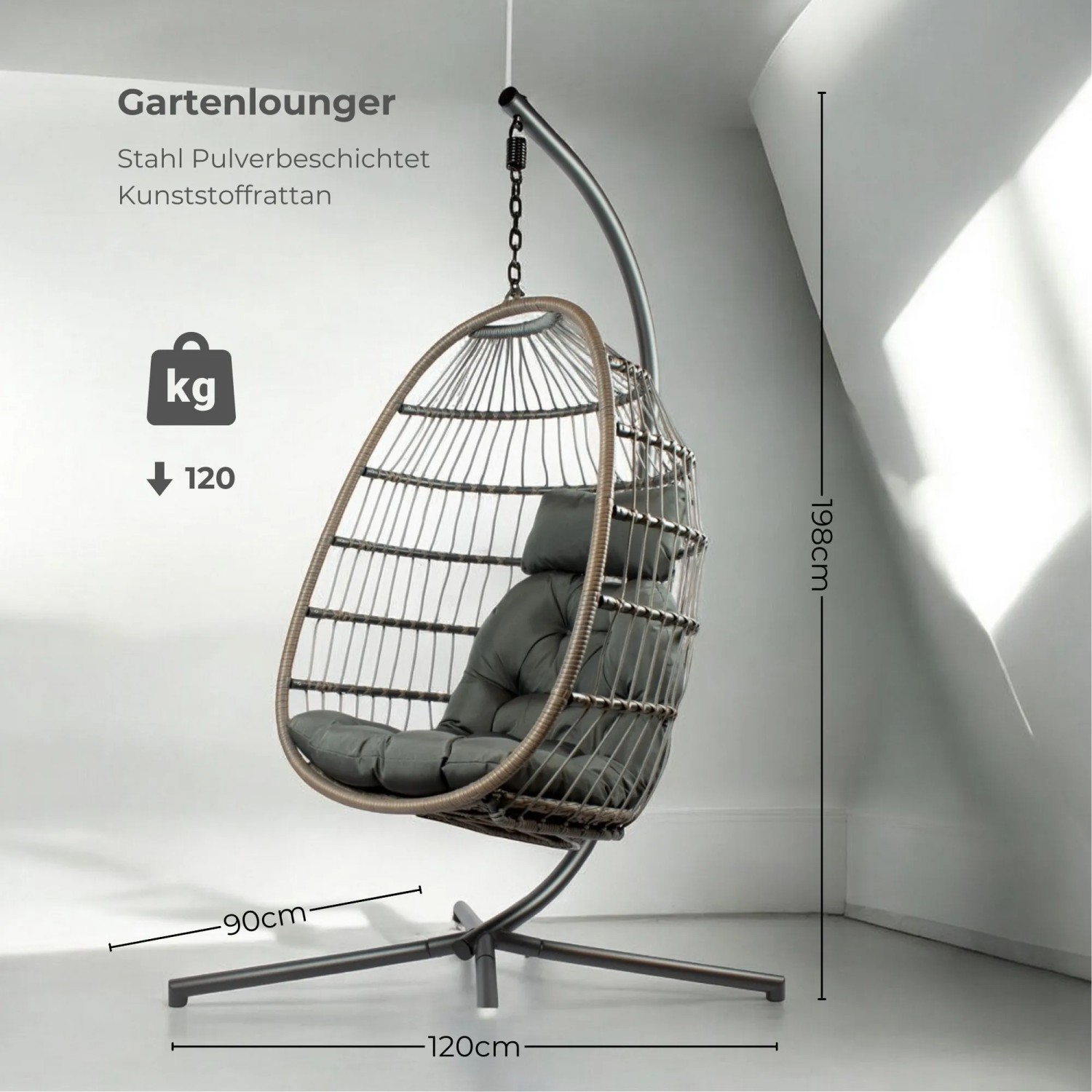 osoltus Hängesessel Pura: grauer Korb, dunkle Kissen, Stahlgestell, Hängezugfeder. 198 cm hoch, max. 120 kg.