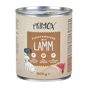 Primox Fleischmecker Lamm 800g Hunde-Nassfutter Dose. Beige Etikett mit Hund, Lamm, getreidefrei.