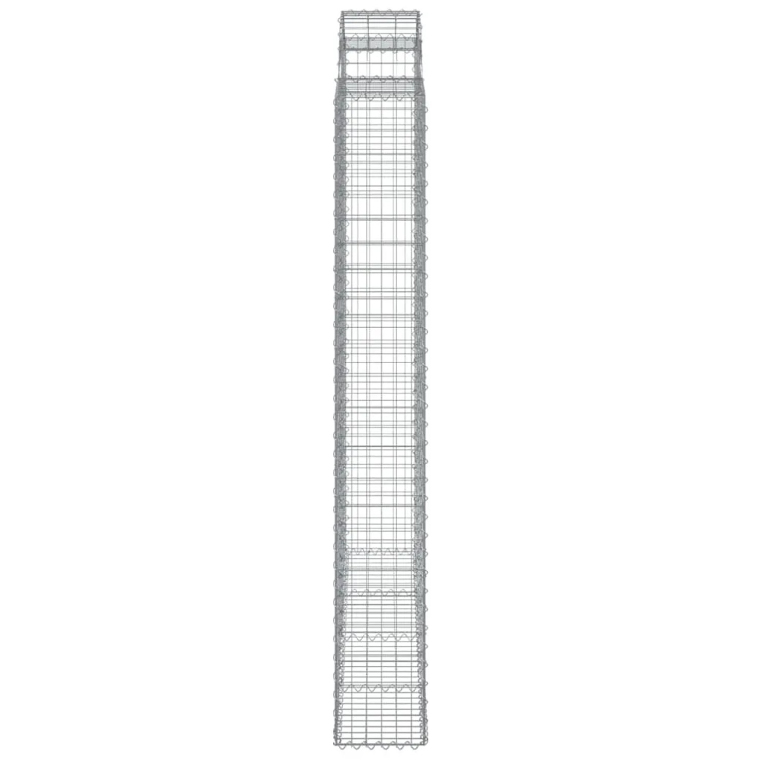 Leere, silberne vidaXL Gabione mit Hochbogen (200x30x220/240 cm) aus verzinktem Eisen.