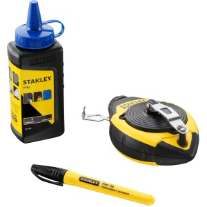 Stanley FatMax Schlagschnur-Set mit blauer Kreide, Schlagschnurgerät, Kreideflasche und Permanentmarker.