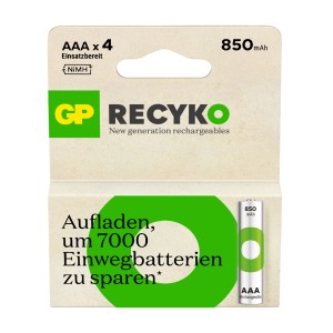GP Recyko AAA Akku, 850 mAh, 4er-Pack, wiederaufladbare Batterien für diverse Geräte.