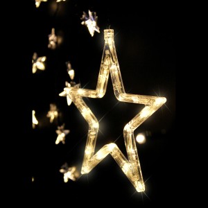 Beleuchteter LED Stern in warmweiß, Teil eines Sternenvorhangs für Weihnachts-Fensterdeko. Klare Kunststoffform.
