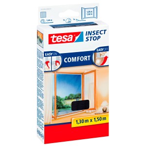 Verpackung Tesa Fliegengitter Fenster Comfort, anthrazit, 150x130cm, mit Klettband für einfache Montage.