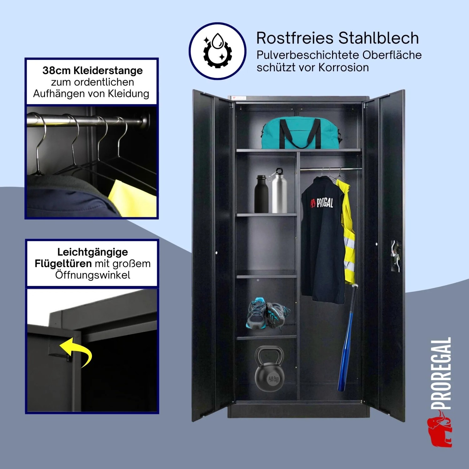 PROREGAL Flügeltürenschrank ELEPHANT Mit 2 Türen Abschließbar HxBxT 180x80x40cm 6 Fächern & Kleiderstange Stahl Pulverbeschichtet Schwarz Spind_4