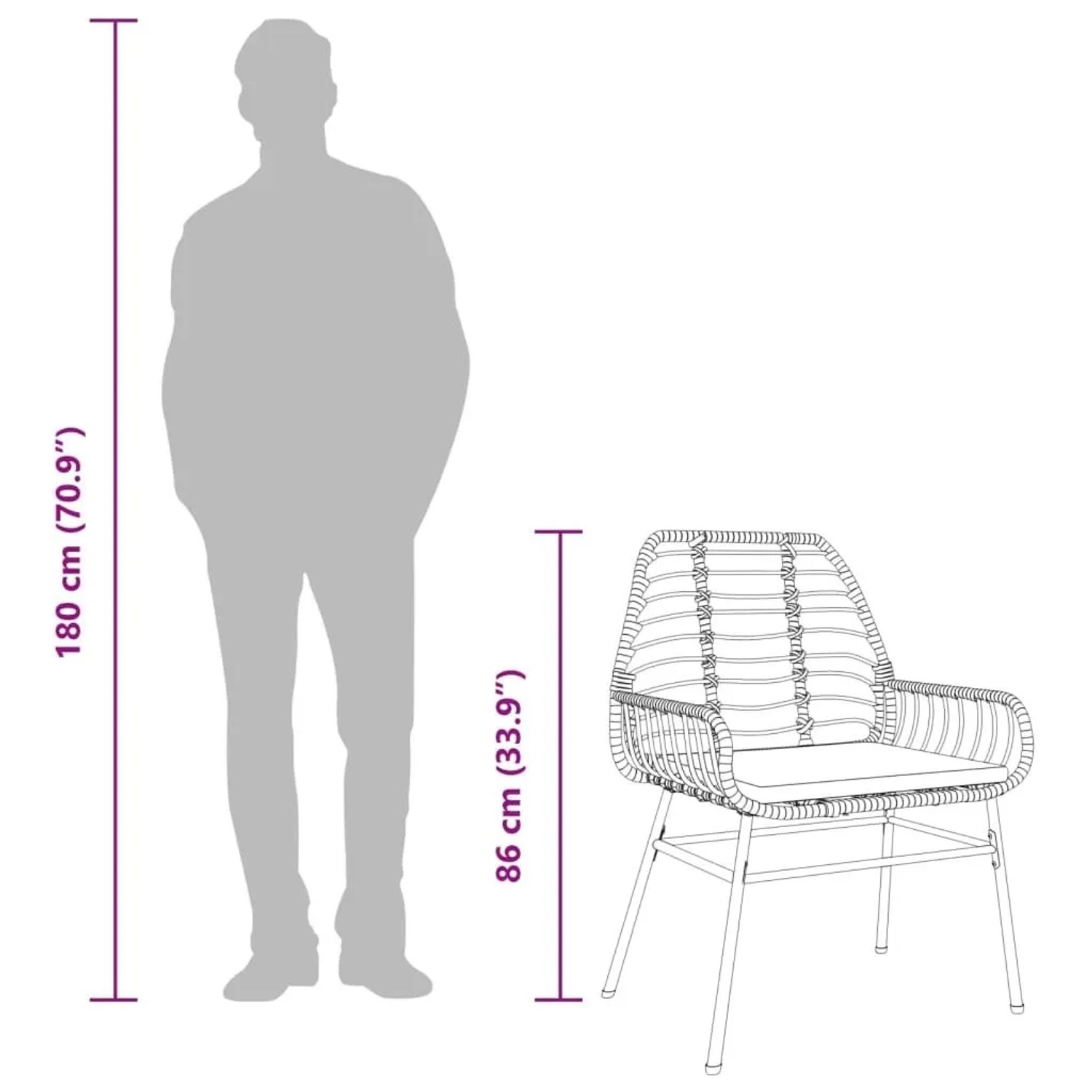 Maßzeichnung: Gartenstuhl aus Poly Rattan, 86 cm hoch, im Größenvergleich mit einer 180 cm Person.