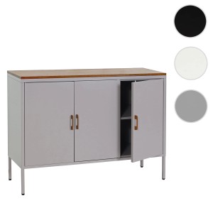 Graue MCW Kommode L84-3 mit Holzplatte, 3 Türen und Metallbeinen. Schubladenkommode mit Stauraum.