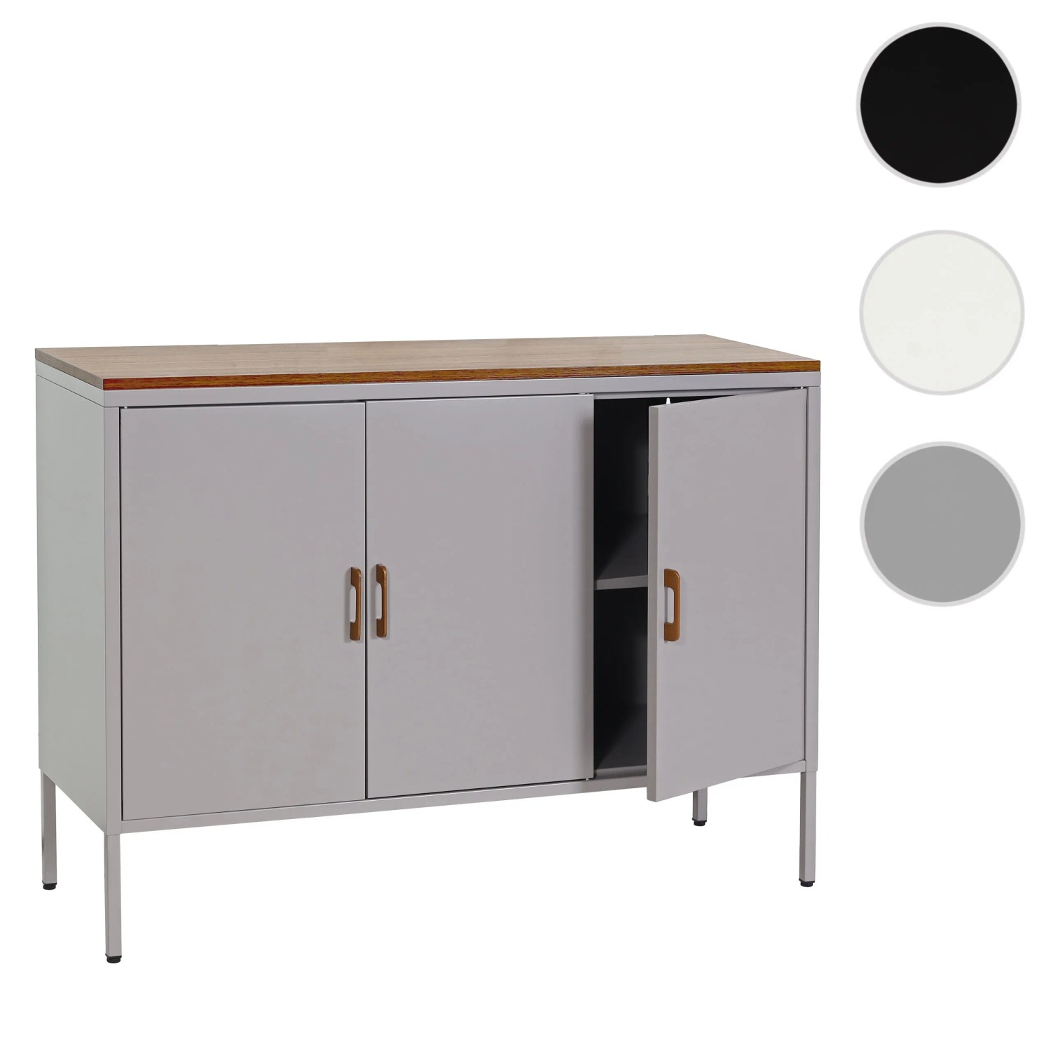 Graue MCW Kommode L84-3 mit Holzplatte, 3 Türen und Metallbeinen. Schubladenkommode mit Stauraum.
