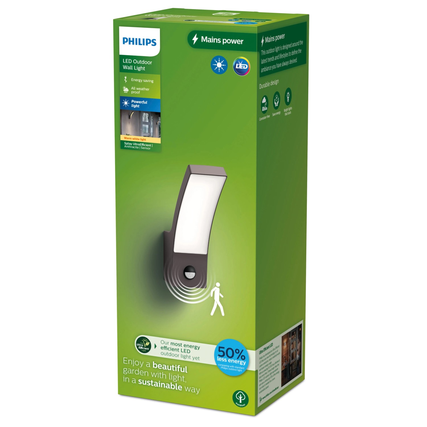 Verpackung der Philips Outdoor-Wandleuchte Splay mit Bewegungsmelder, 3,8W, 2700K.