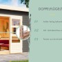Karibu Gartenhaus mit geöffneter Doppelflügeltür, Einblick ins Innere mit Möbeln.