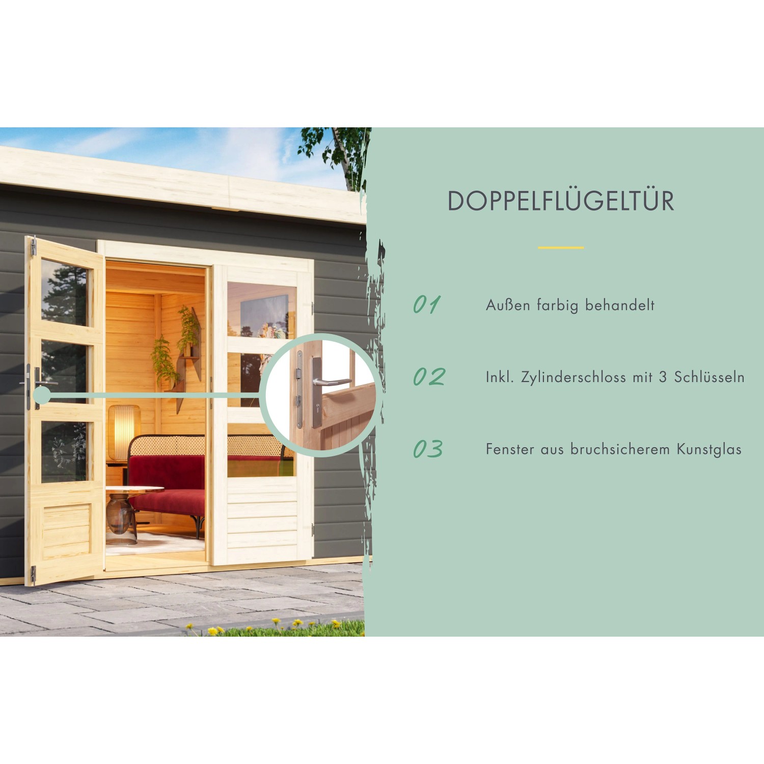 Karibu Gartenhaus mit geöffneter Doppelflügeltür, Einblick ins Innere mit Möbeln.