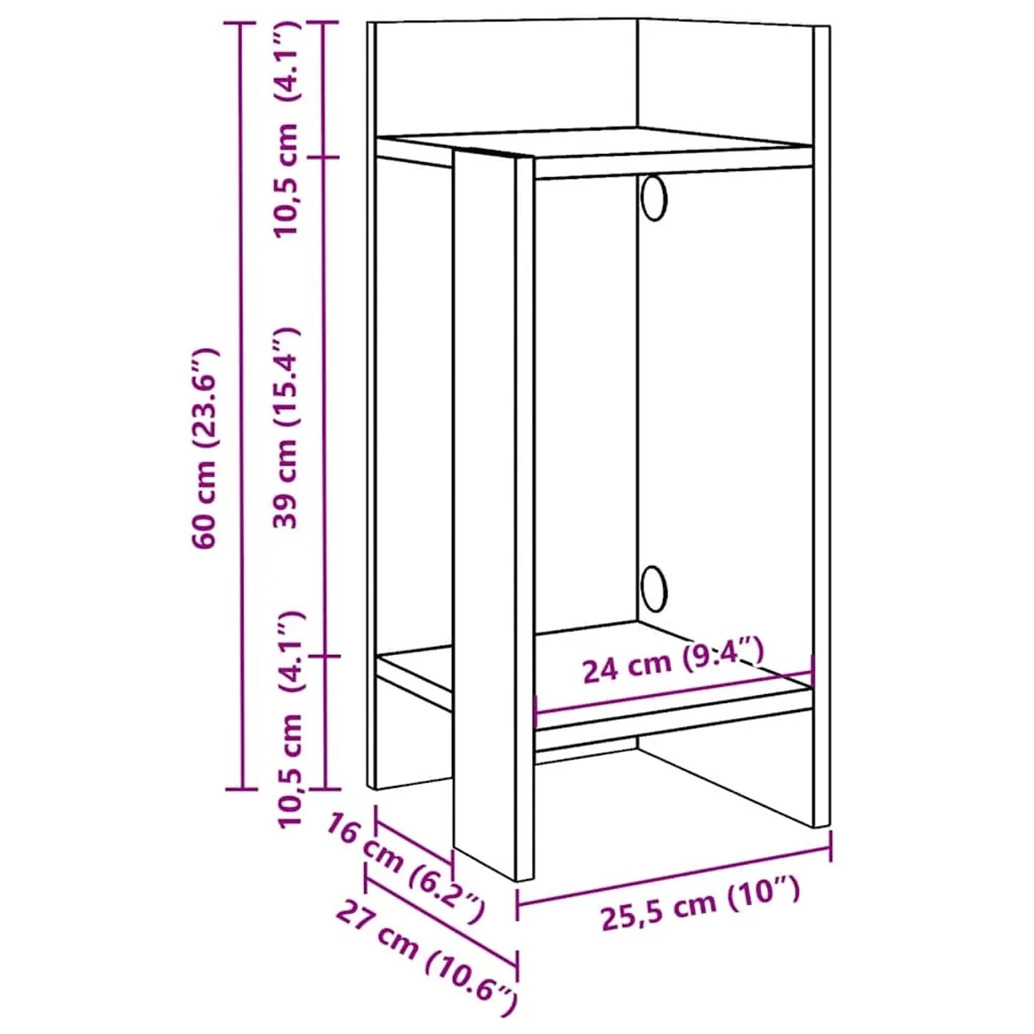 Schwarzer vidaXL Beistelltisch mit 2 Ablagen, 25,5x27x60 cm, ideal für Wohnzimmer.
