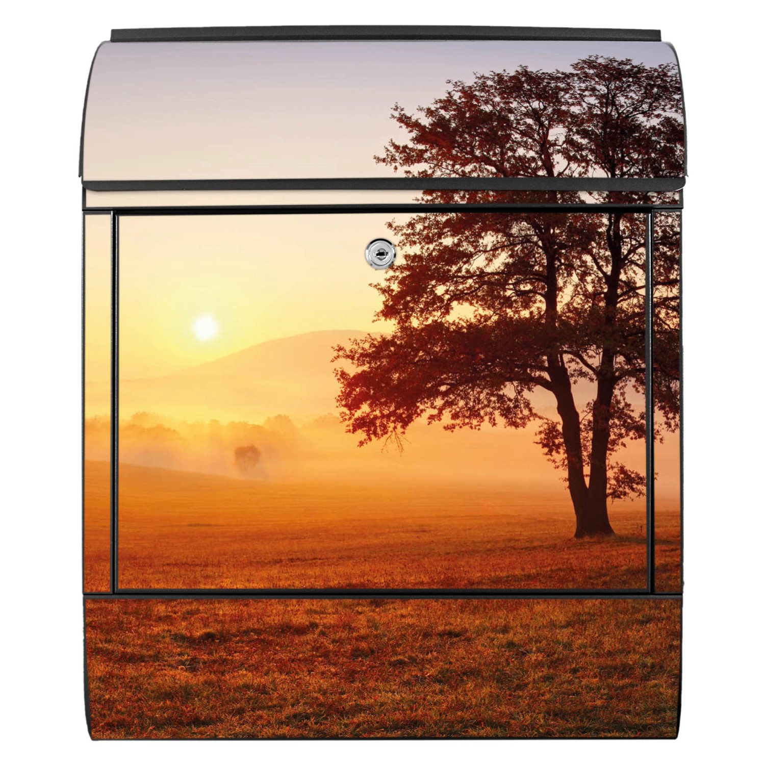 Schwarzer Banjado Design Briefkasten mit Sonnenaufgang Motiv und Zeitungsfach.