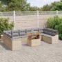 Beige-graue vidaXL Garten Essgruppe mit Kissen, 11-teilig, aus Polyrattan und Akazienholz.