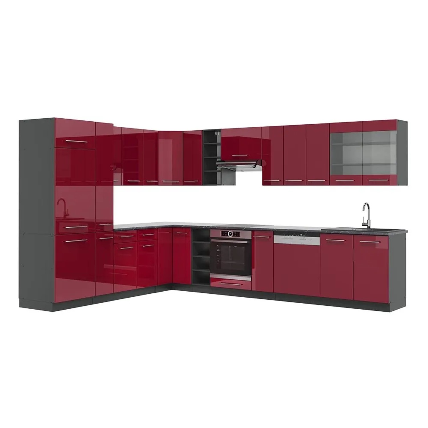 Vicco Eckküche Fame-Line Bordeaux Hochglanz/Anthrazit 347 x 82, AP Anthrazit