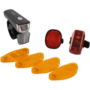 Fischer Fahrrad-Aufrüstset LED, 7-teilig: Frontleuchte, Rücklicht, Reflektor und Speichenstrahler für Fahrräder.