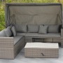 Gartenmöbel Lounge-Gruppe San Marco mit Dach, Tisch und grauen Kissen auf Terrasse.
