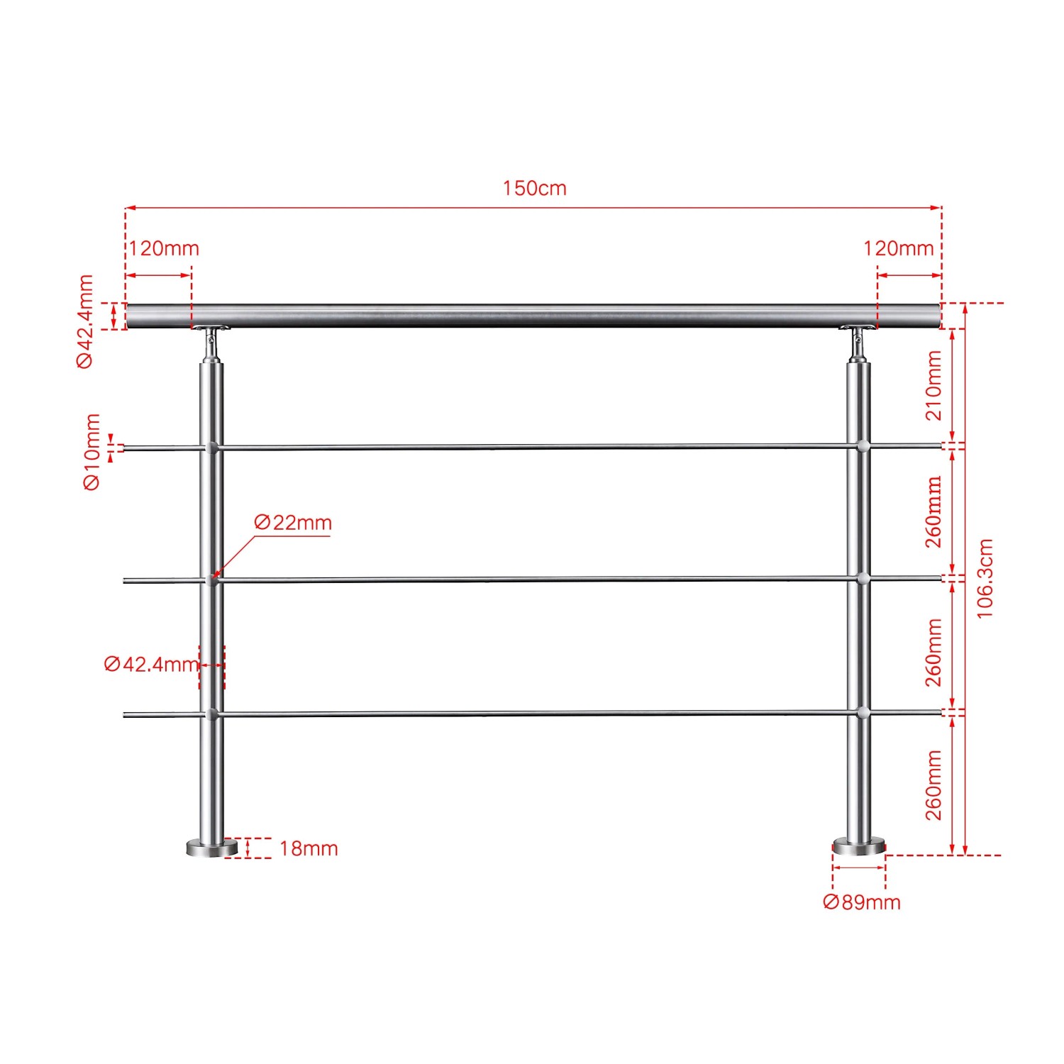 Duschparadies Geländer Edelstahl V2A 150 cm mit 3 Querstäben Komplettset_2