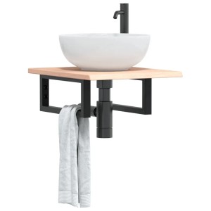 Waschtischplatte mit Eiche Massivholz, Stahlhalterung und Handtuchhalter. Modernes Badmöbel.