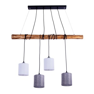 Näve Pendelleuchte Malta 4er-Set mit Holz-Balken und grauen/weißen Lampenschirmen.