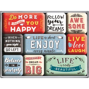 Nostalgic-Art Magnet-Set Enjoy Life, 9 bunte Kühlschrankmagnete mit Motivsprüchen in Geschenkbox.