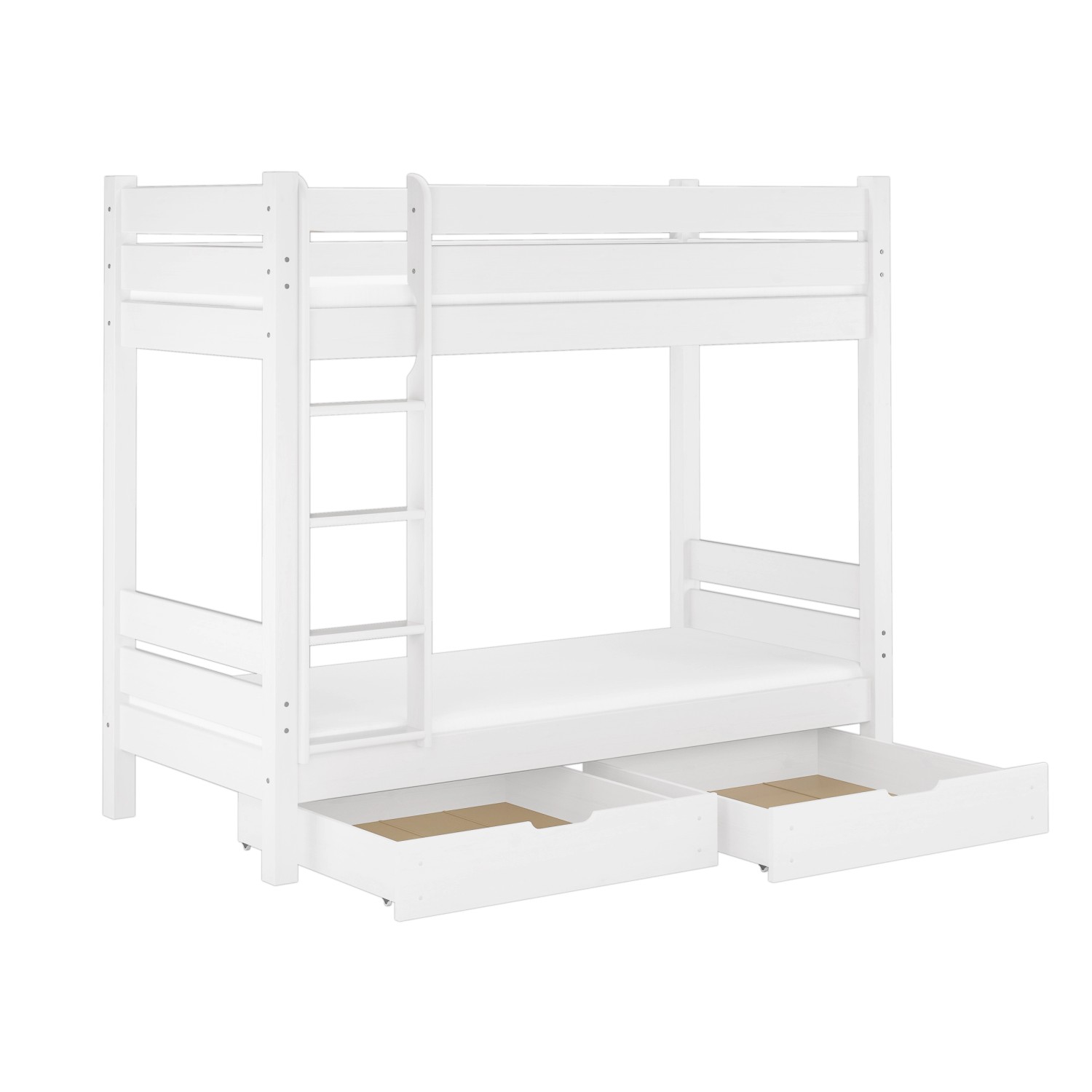 Weißes Etagenbett aus Kiefernholz mit Gästebettkasten, teilbar in zwei Einzelbetten.