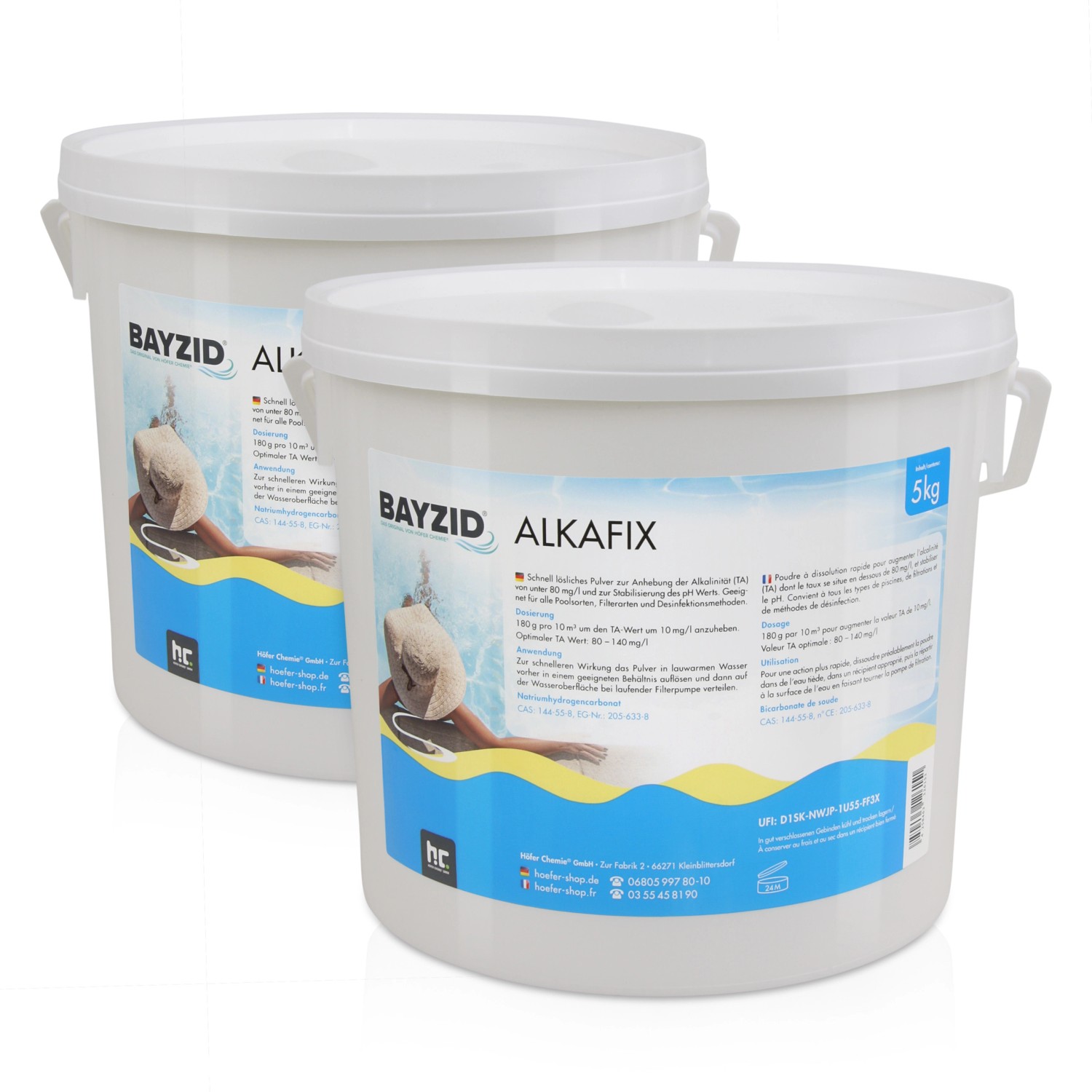 Zwei Eimer Bayzid Alkafix 5kg zur Anhebung der Alkalinität (TA) im Pool.
