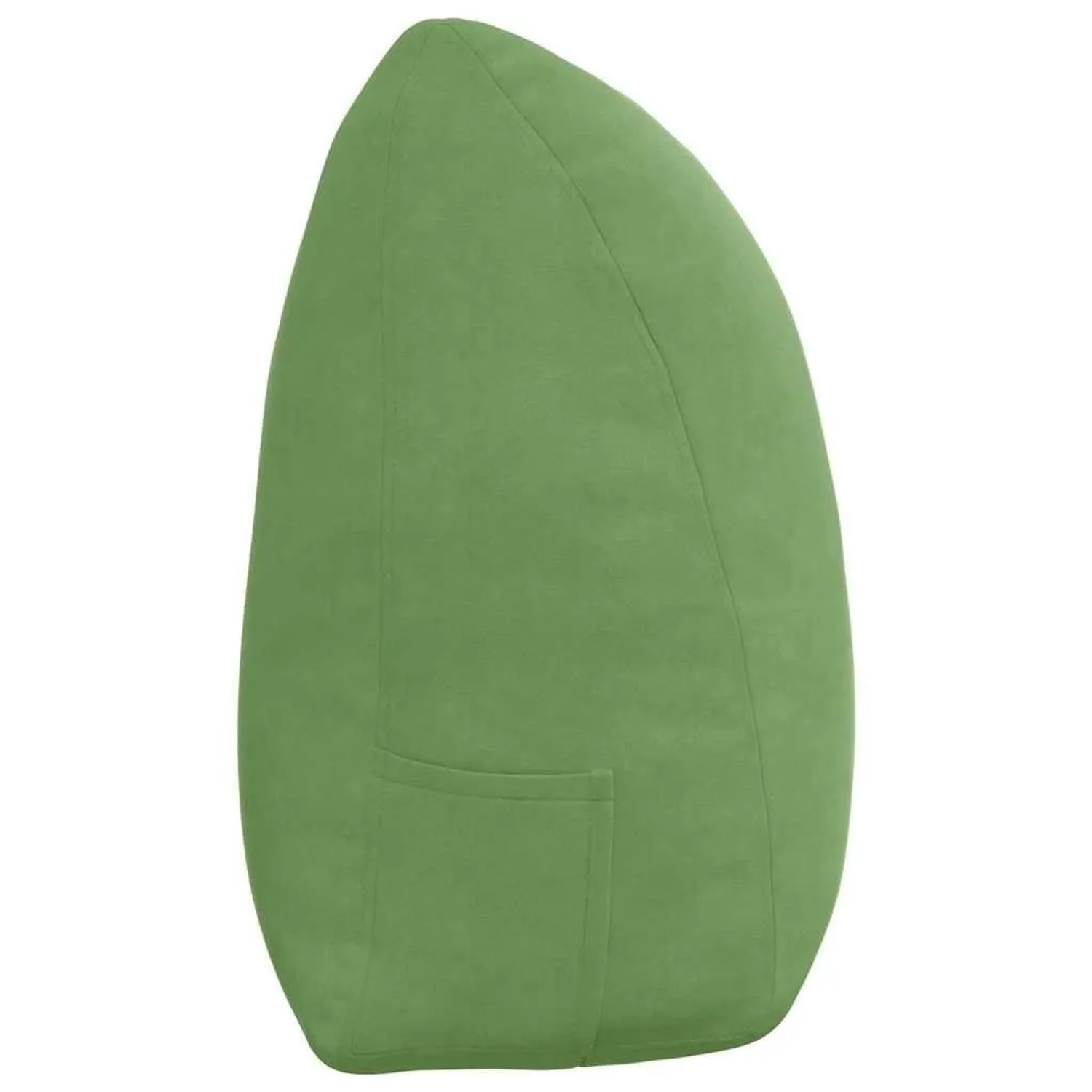 Hellgrünes Samt-Rückenkissen mit ergonomischer Form und praktischer Seitentasche. Ideal für Sofa oder Bett.