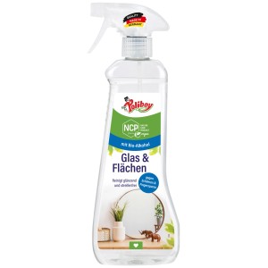 Poliboy Glas & Flächen Reiniger 500 ml in klarer Sprühflasche. Reinigt Fenster, Spiegel streifenfrei mit Alkohol.