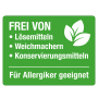 Symbol: Frei von Lösemitteln, Weichmachern, Konservierungsmitteln, für Allergiker geeignet.