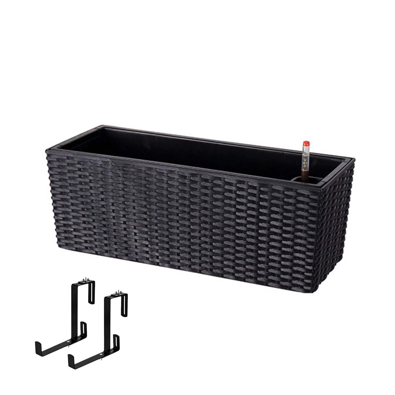 Relaxdays Balkonkasten Polypropylen Metall Schwarz mit Halterung Füllstandsanzeige 19 cm x 50 cm x 19 cm