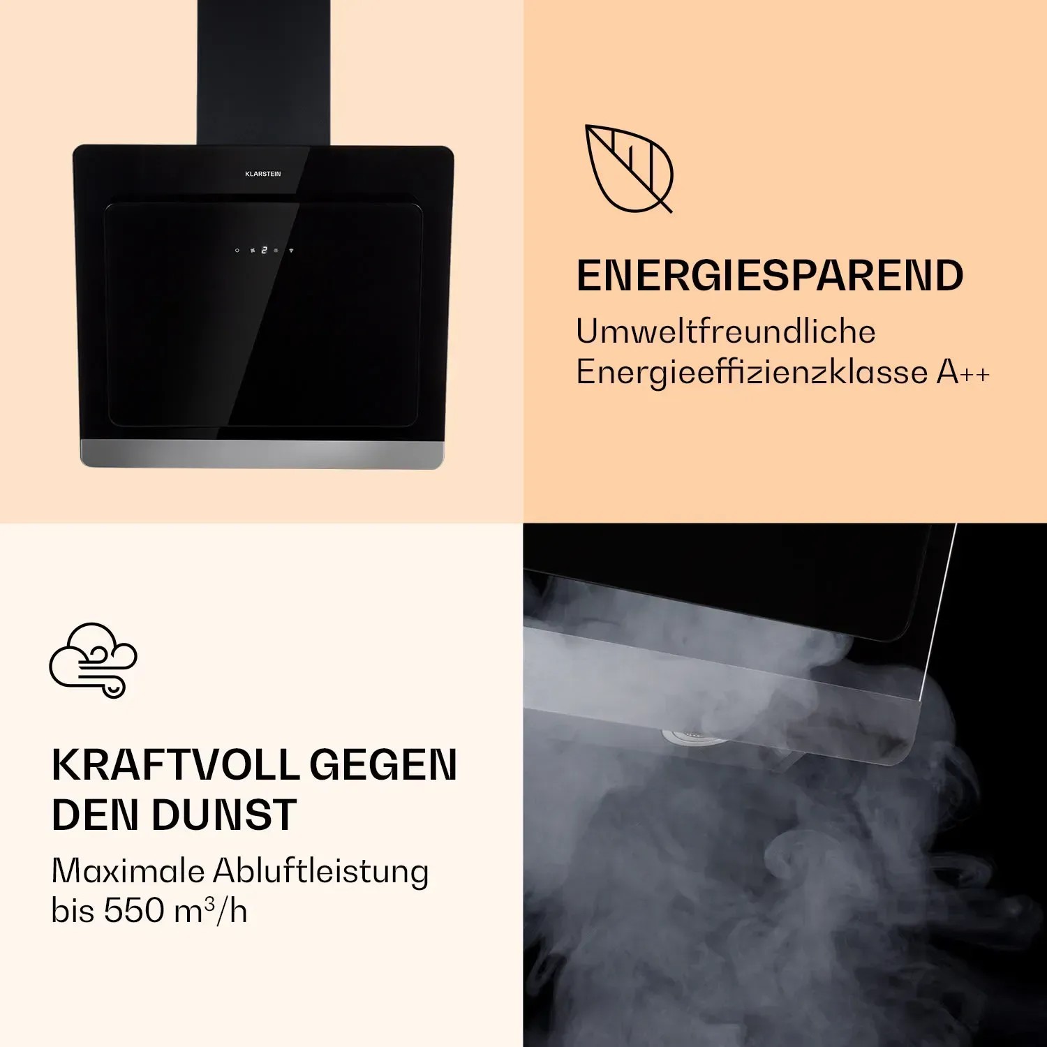Klarstein Aurora 60 Smart Dunstabzugshaube, 60cm, Schwarz, mit Ambiente-Licht und Glas-Design.